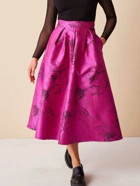 Marianna Deri Satin Midi A-Line Skirt Floral Embroidery Magenta-Fuchsia Size XXL